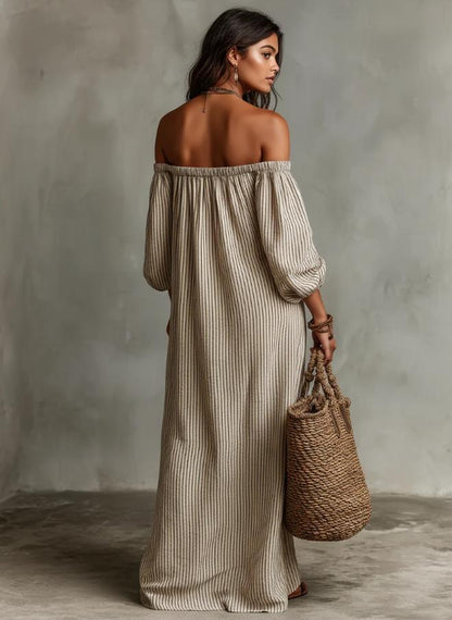 The Lewis & Kelly Boho Off-Shoulder Striped Linen Blend Maxi Dress